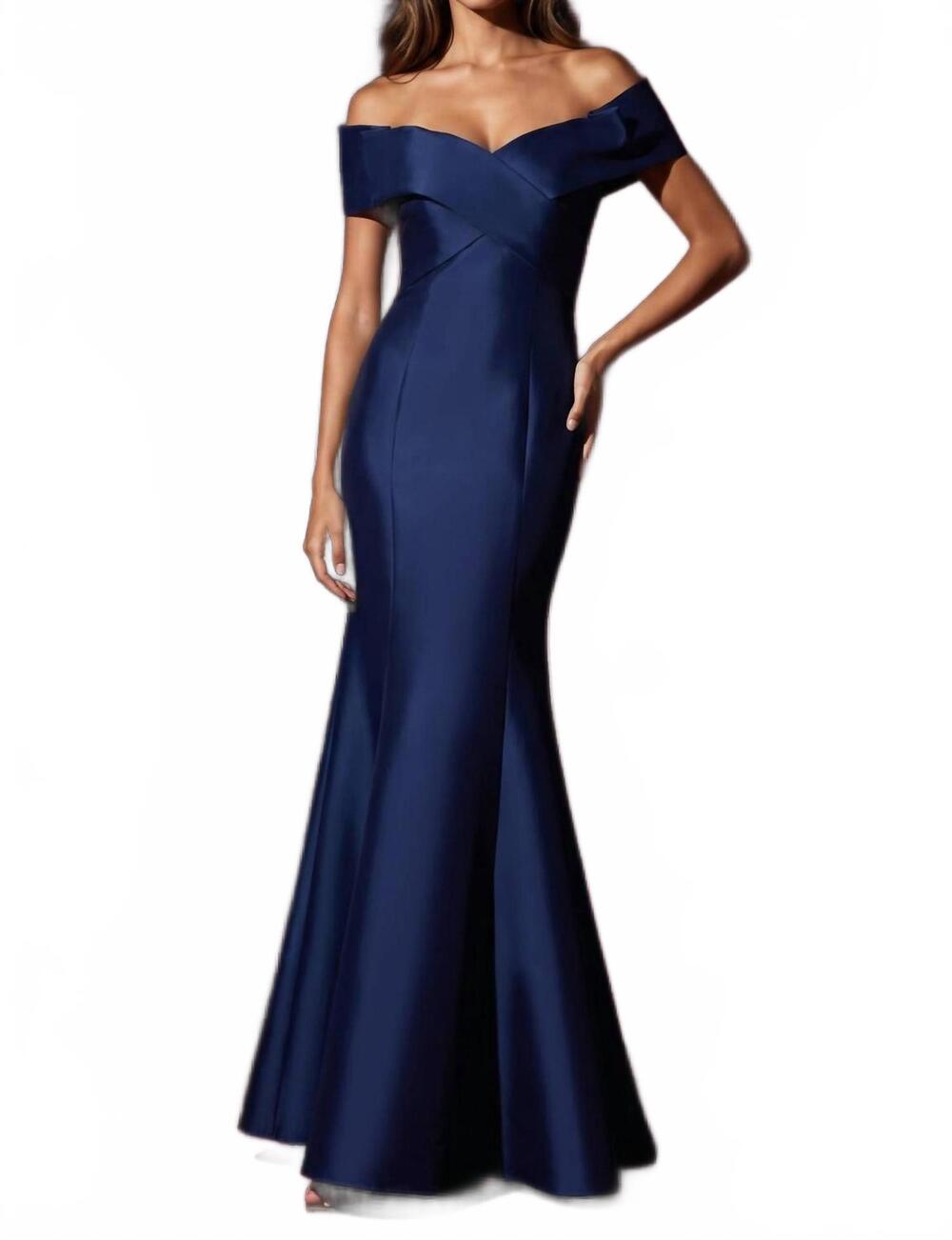 NEW KOS mikado off shoulder criss cross bodice dress in navy